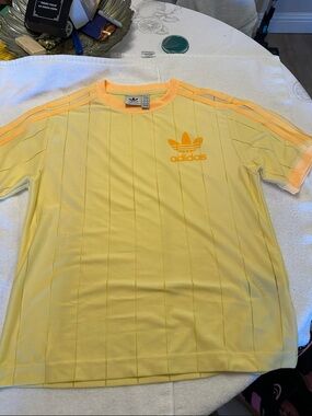 adidas Yellow Short-Sleeve Trefoil Tee with Peach Trim
